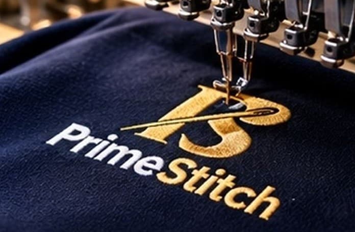 Embroidery machine stitching the PrimeStitch logo onto a navy garment
